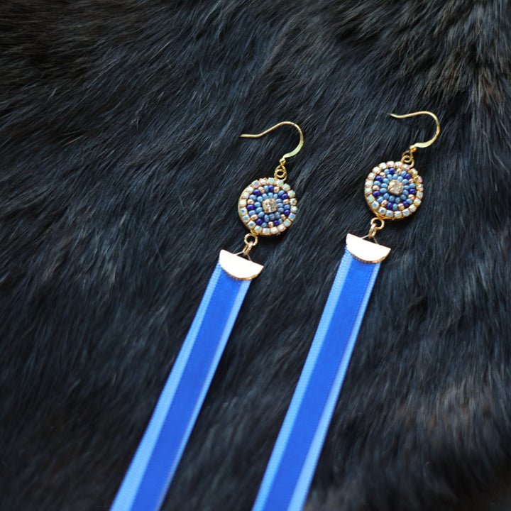 Helen Oro Designs Blue Bead & Ribbon Earrings