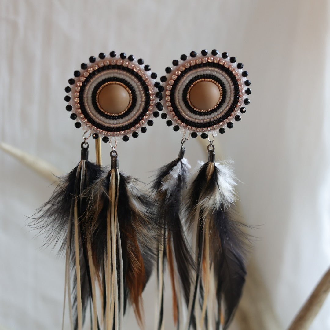 Beaded Blends Champagne &amp; Black Beaded Statement Feather Earrings