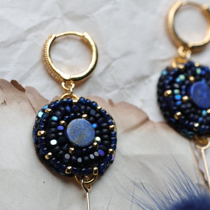 TLee Beads Tiny Lapis Lazuli Beaded Mink Pompom Earrings