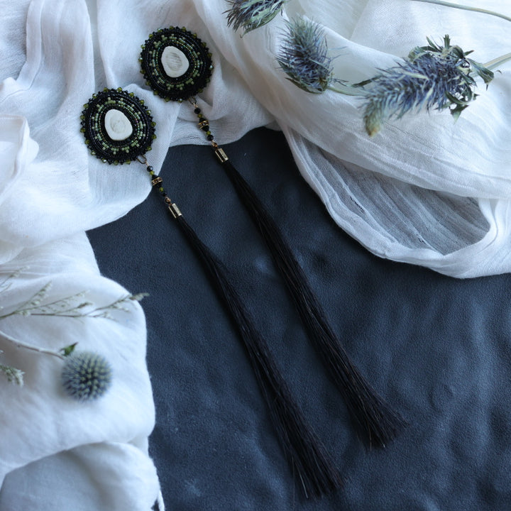 Beth Rose Designs Antler & Horsehair Olive Beaded Earrings