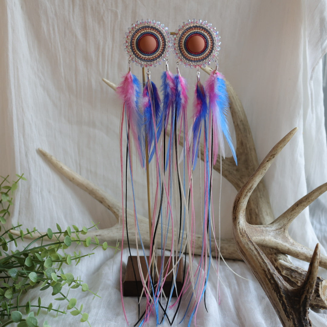 Beaded Blends Pink &amp; Blue Beaded Statement Feather Earrings