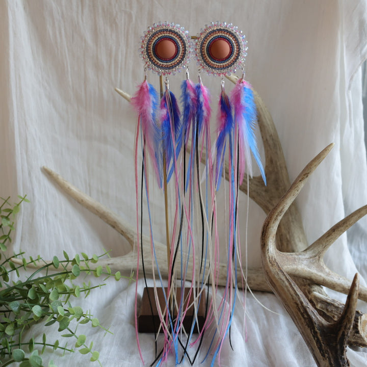 Beaded Blends Pink &amp; Blue Beaded Statement Feather Earrings
