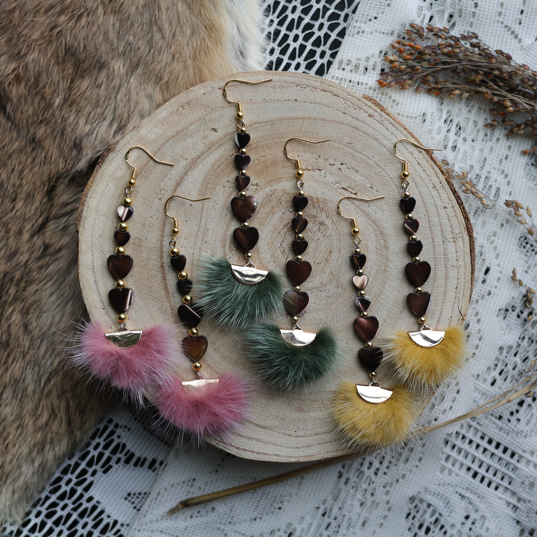 Prairie Sage Beadwork Coffee Mother of Pearl &amp; Mink Fur Drop Earrings