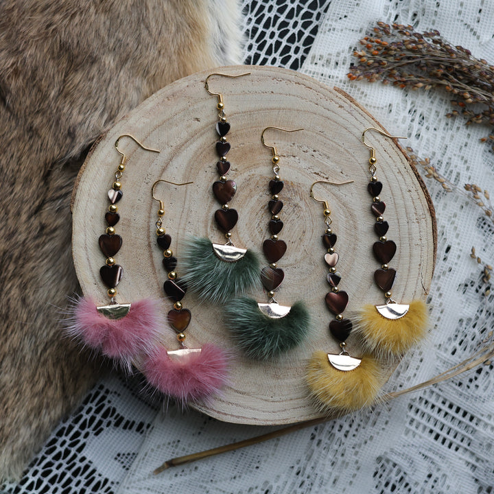 Prairie Sage Beadwork Coffee Mother of Pearl &amp; Mink Fur Drop Earrings