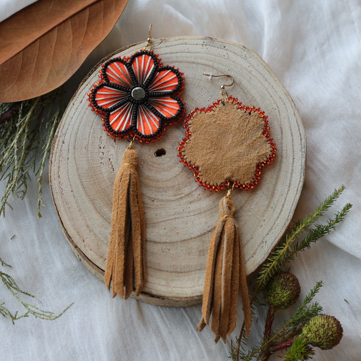 Boreal Forest Beads Floral Moose Hide Tassel Earrings