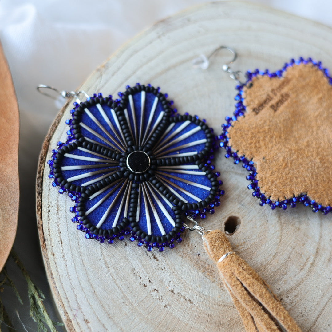 Boreal Forest Beads Floral Moose Hide Tassel Earrings