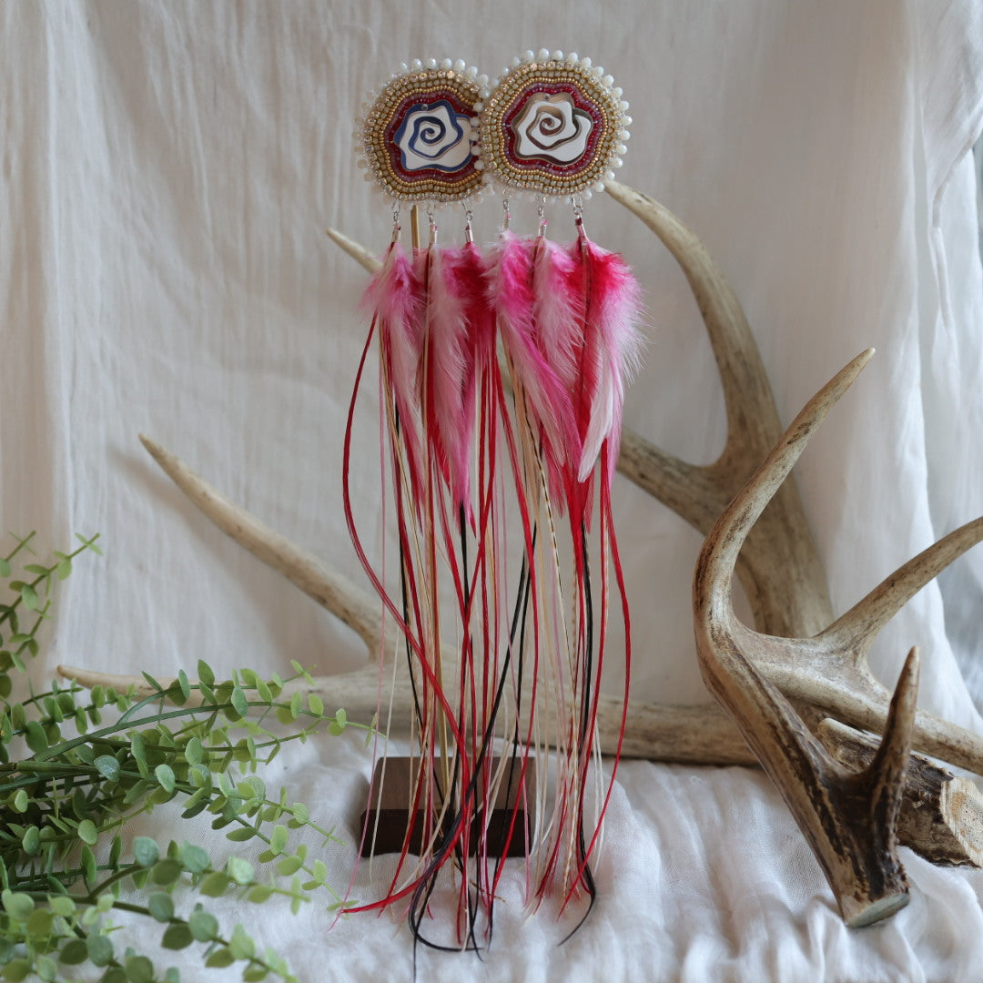 Beaded Blends Rose Beaded Statement Feather Earrings