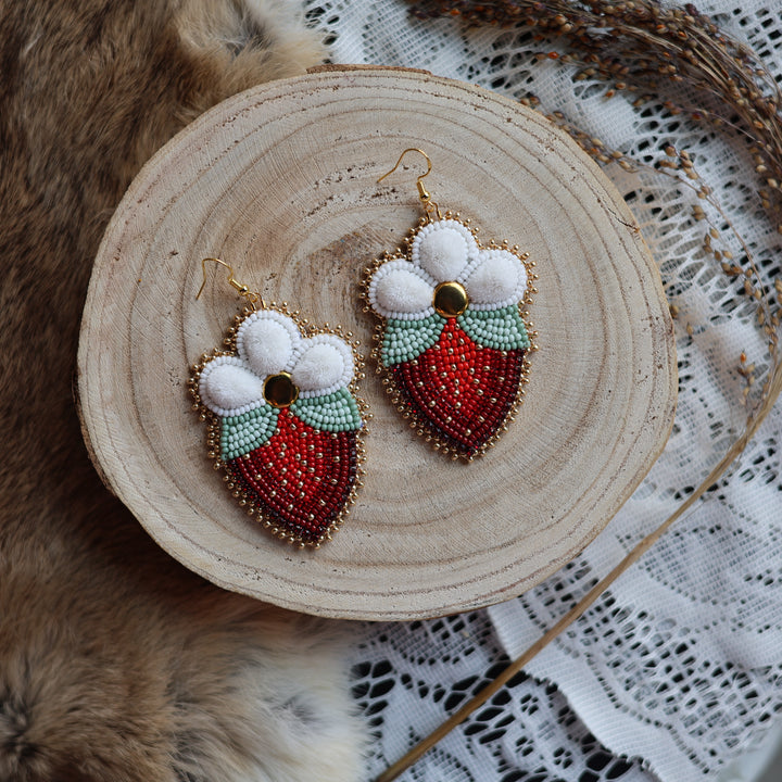 Prairie Sage Beadwork Tufted Blossoming Strawberry Earrings