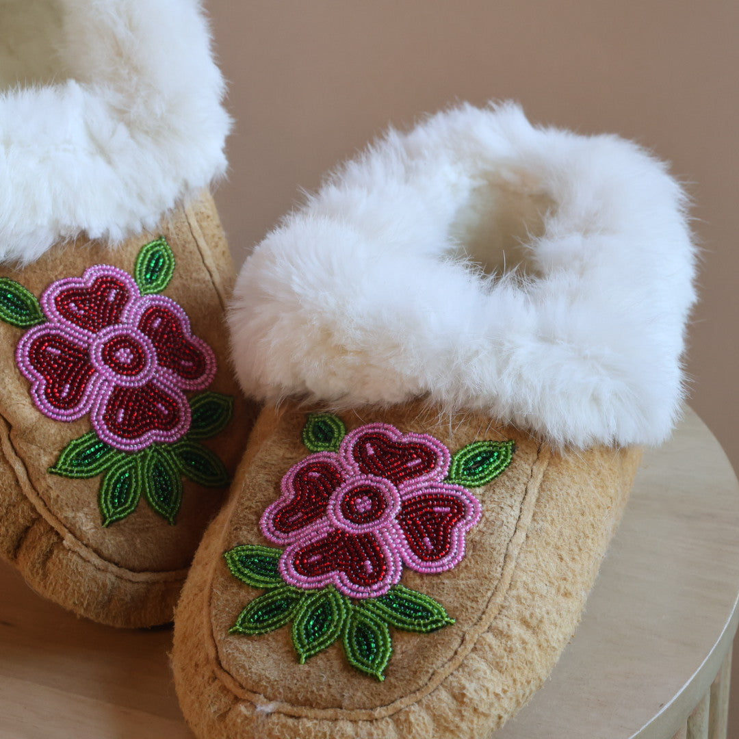 Emily J. Red 4-Petal Floral Moose Hide Moccasins