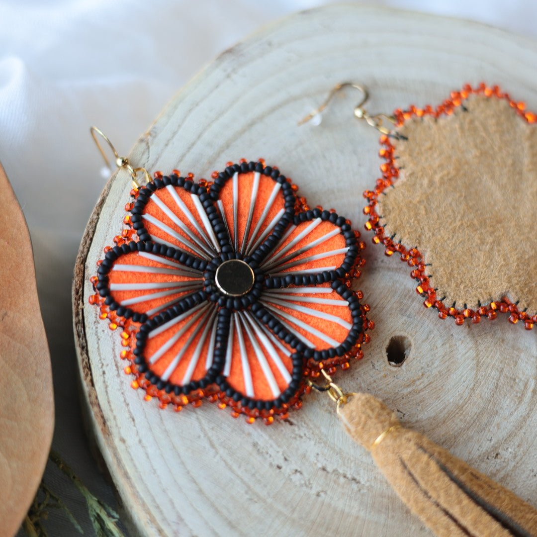 Boreal Forest Beads Floral Moose Hide Tassel Earrings