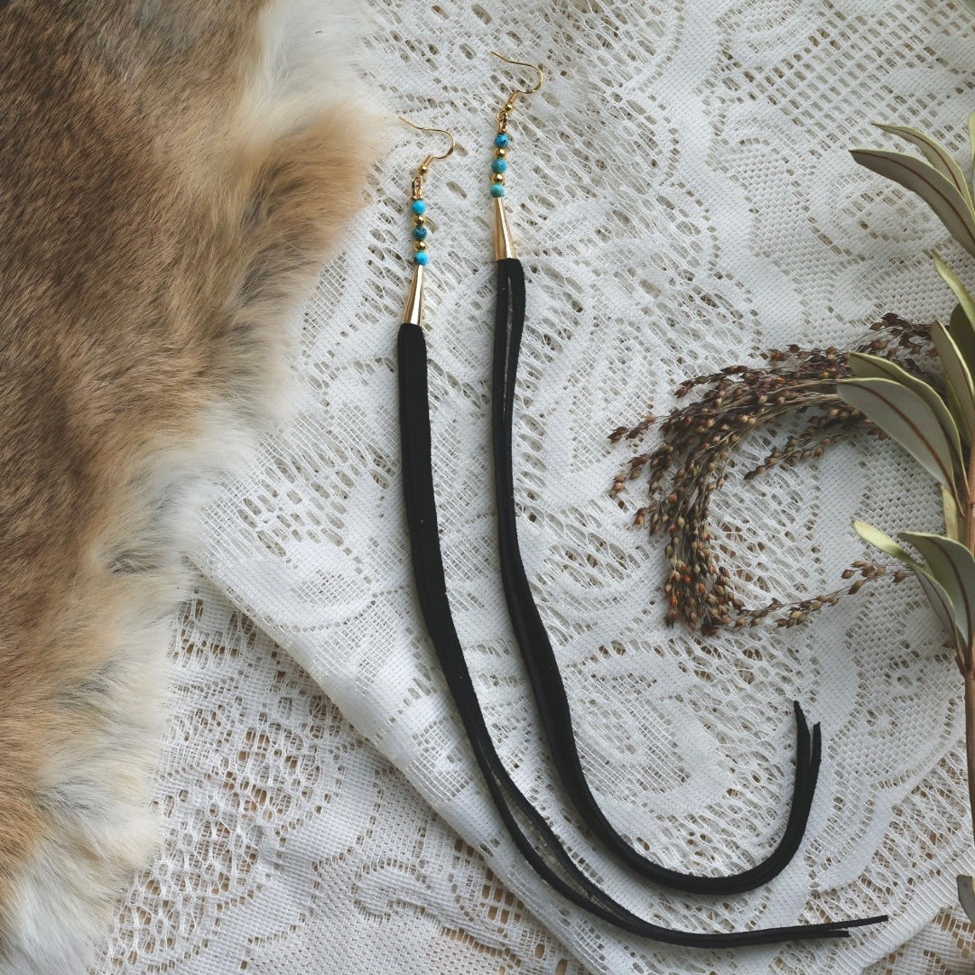 Prairie Sage Beadwork Mini Turquoise & Deer Hide Tassel Earrings