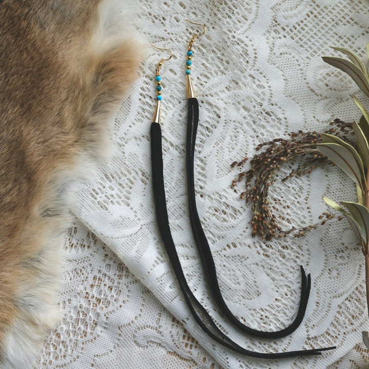 Prairie Sage Beadwork Mini Turquoise & Deer Hide Tassel Earrings