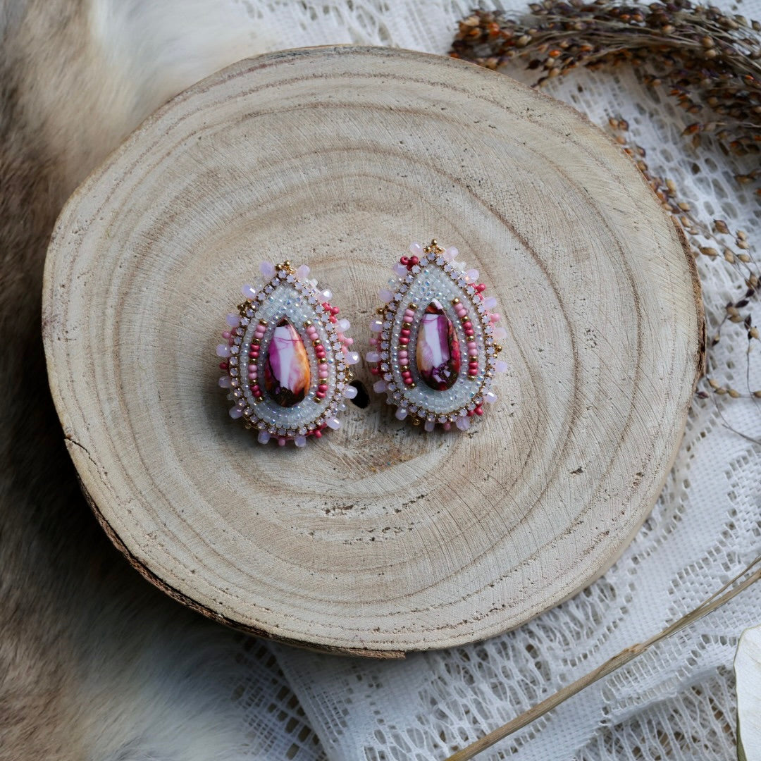Prairie Sage Beadwork Pink Mojave Copper Turquoise Teardrop Beaded Earrings