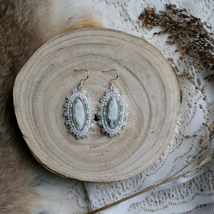 Prairie Sage Beadwork Light Green Moss Agate Beaded Earrings