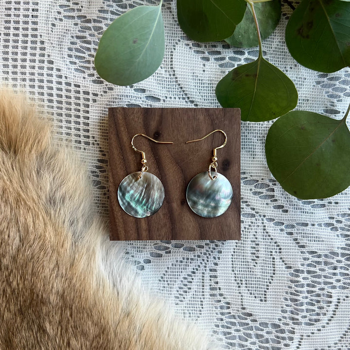 Prairie Sage Beadwork Black Mother of Pearl Shell Drop Earrings