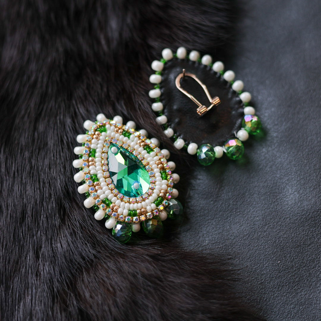Helen O. Beaded Green Teardrop Earrings