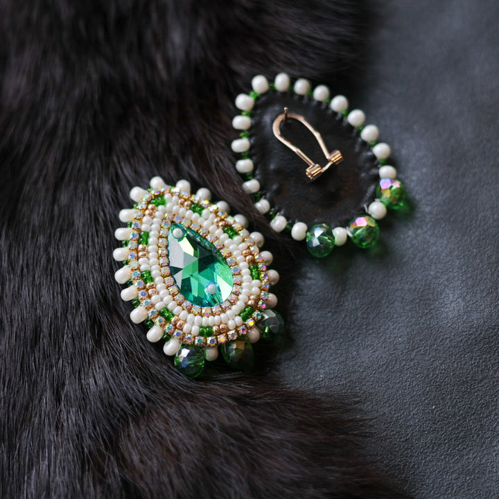 Helen O. Beaded Green Teardrop Earrings