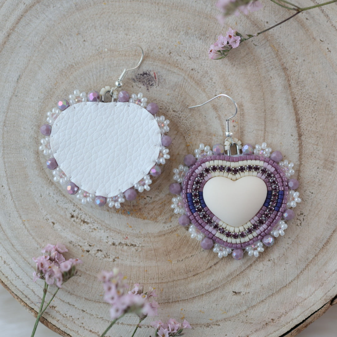 Sweetgrass Woman Creations Cream & Purple Heart Beaded Earrings