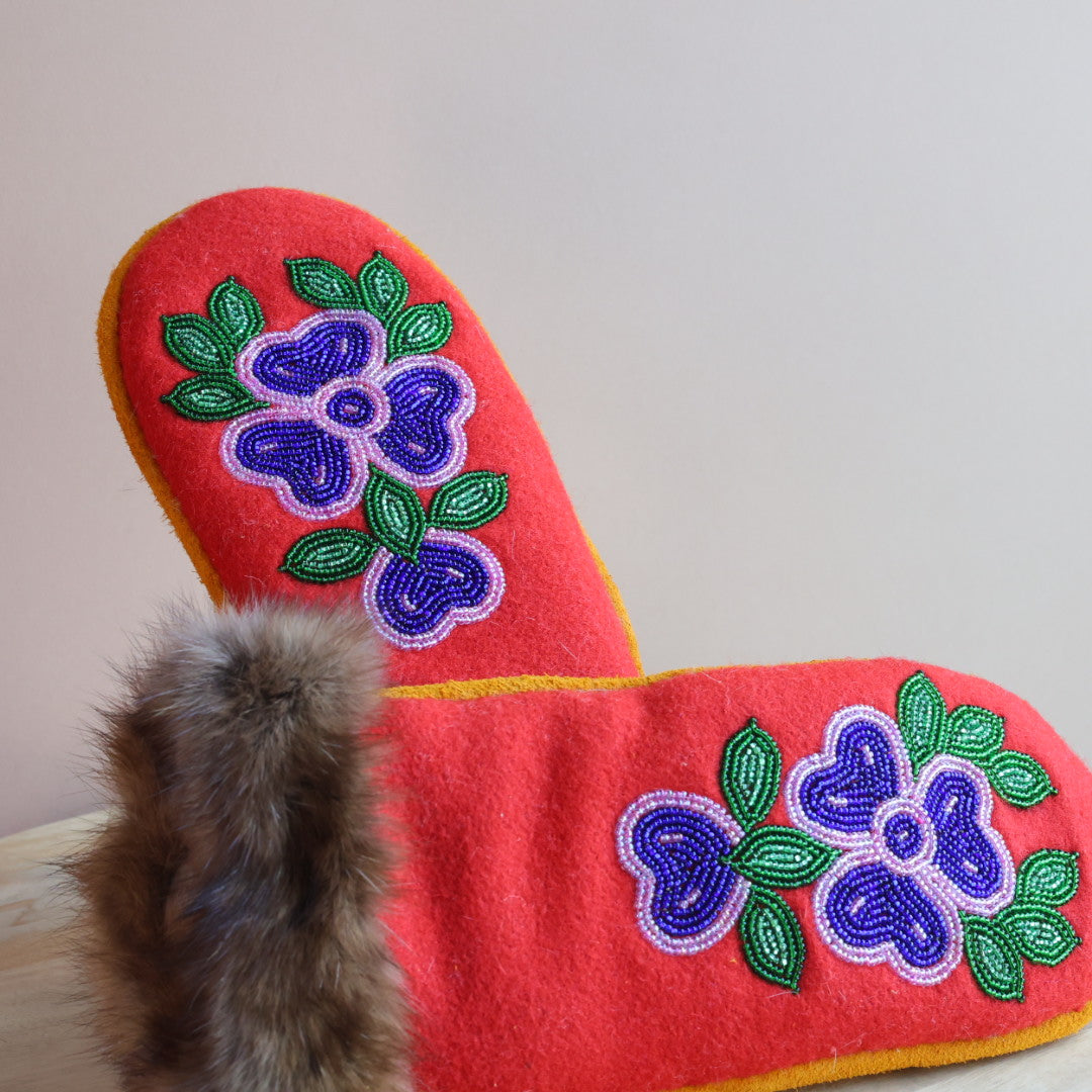 Emily J. Red Felt & Beaver Pelt Moose Hide Mittens