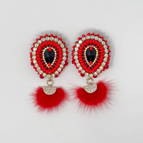 Helen O. Red Beaded Mink Drop Earrings