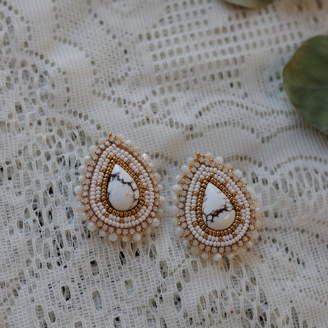 Prairie Sage Beadwork Howlite Teardrop Beaded Earrings