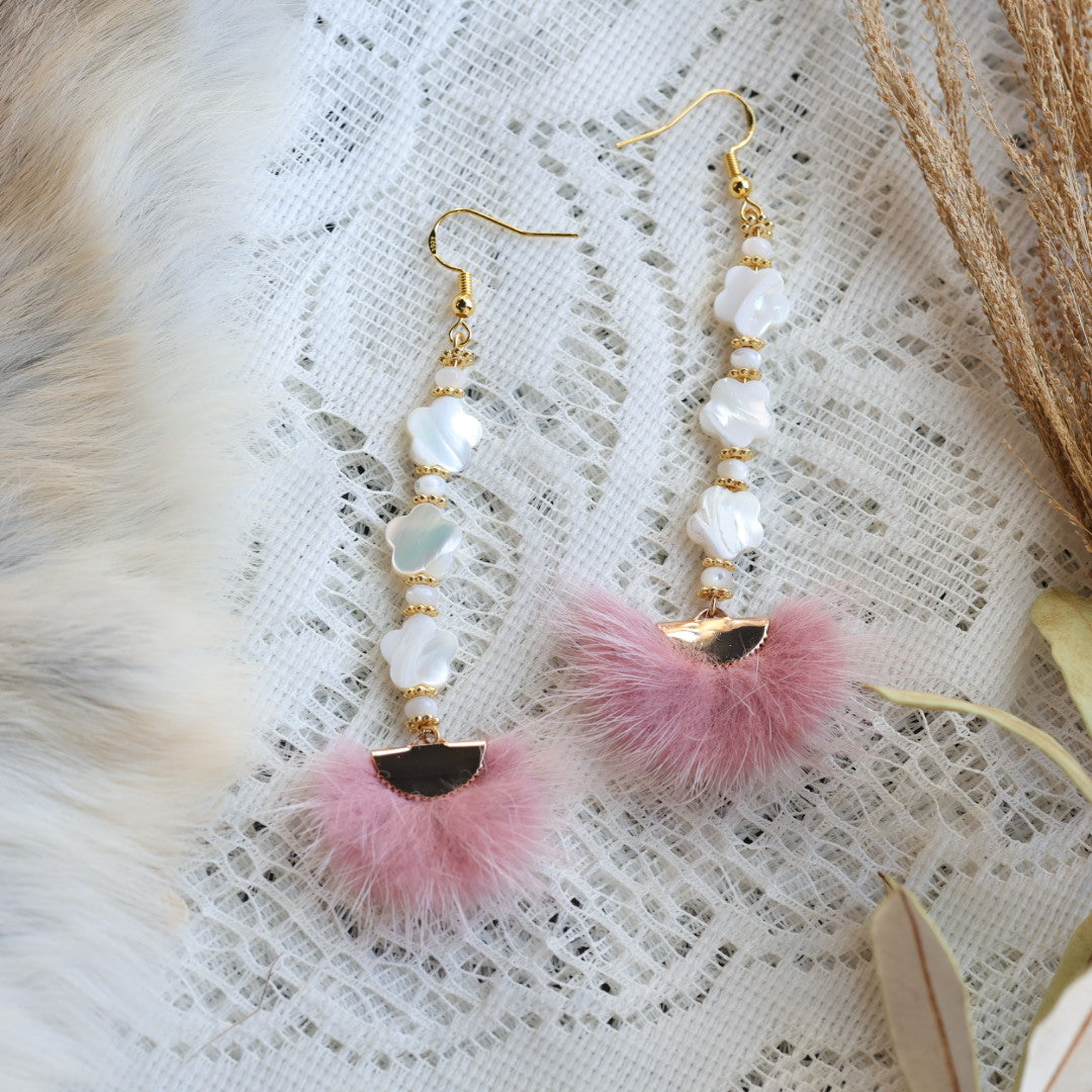 Prairie Sage Beadwork Mother of Pearl Shell Flower and Pink Fur Earrings