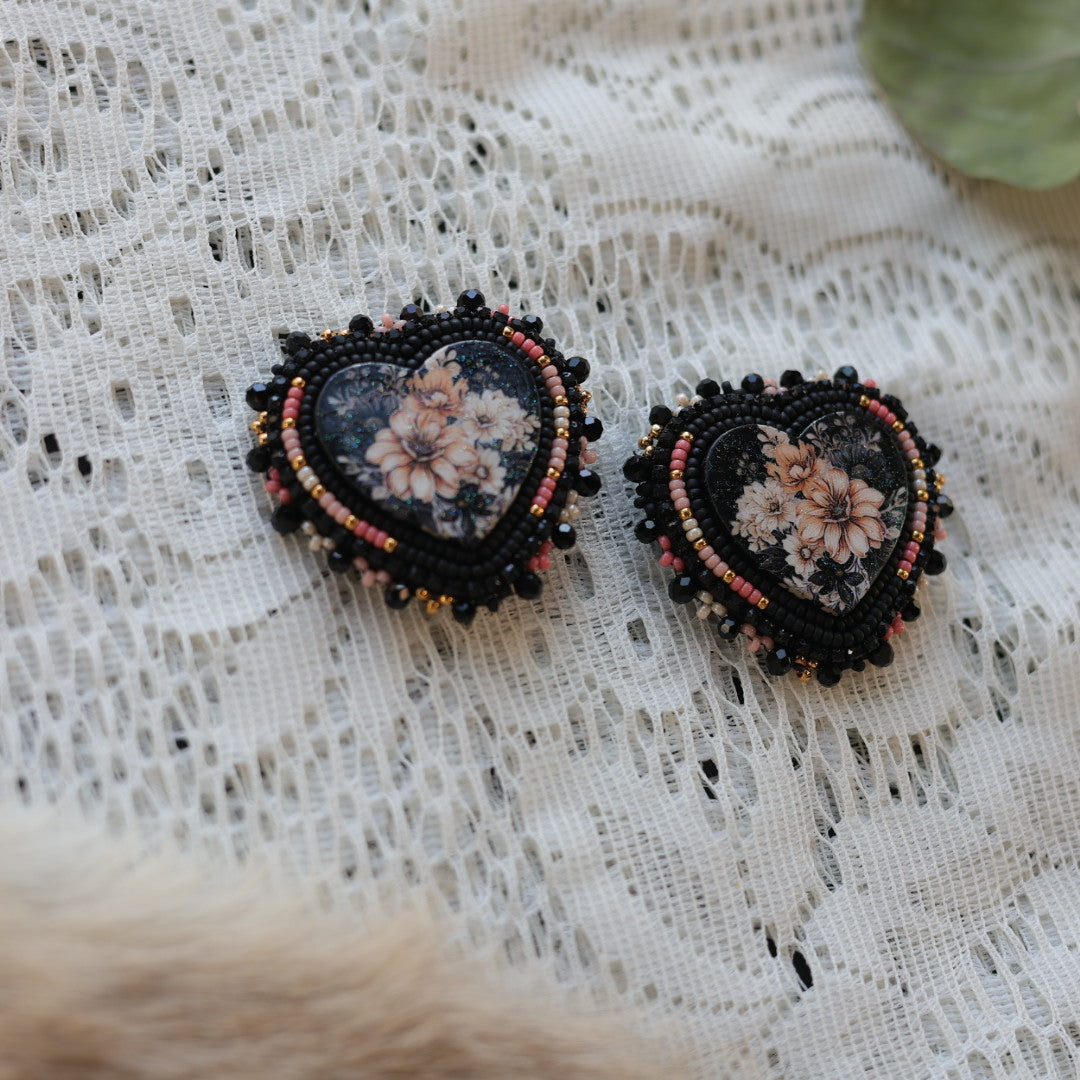 Prairie Sage Beadwork Black Floral Heart Beaded Earrings