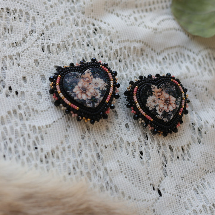 Prairie Sage Beadwork Black Floral Heart Beaded Earrings