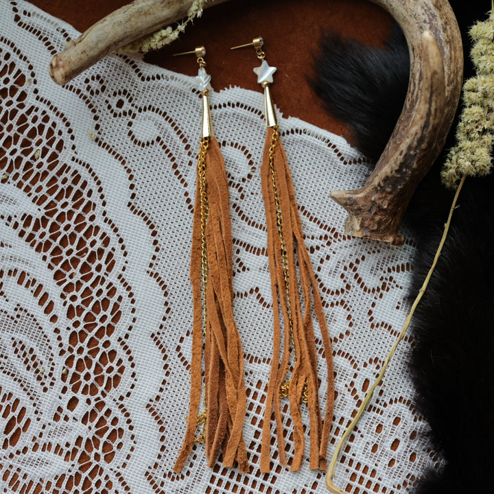 DMD Beadwork Star Hide Fringe Earrings