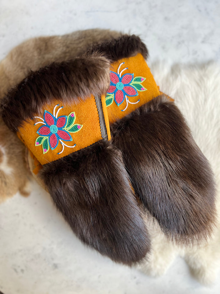 Caroline M. Beaded Flower Moose Hide Gauntlets