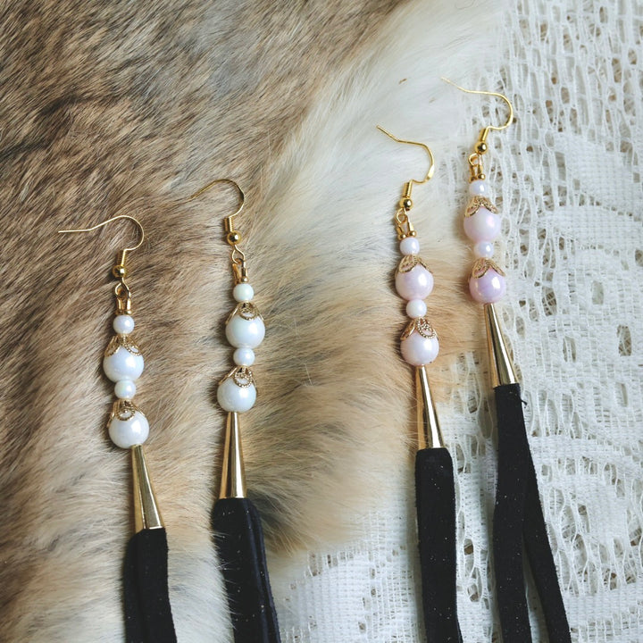 Prairie Sage Beadwork Opal & Deer Hide Tassel Earrings