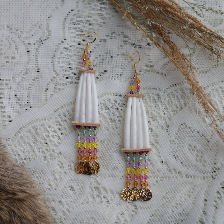 Prairie Sage Beadwork Gold Coin Stacked Dentalium Earrings