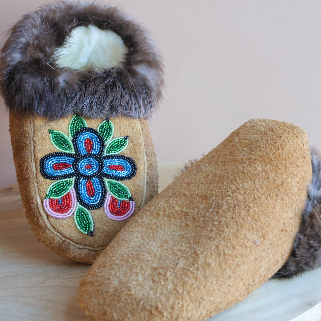 Emily J. Blue & Red 4-Petal Floral Moose Hide Moccasins
