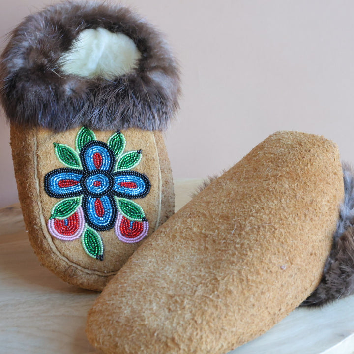 Emily J. Blue & Red 4-Petal Floral Moose Hide Moccasins