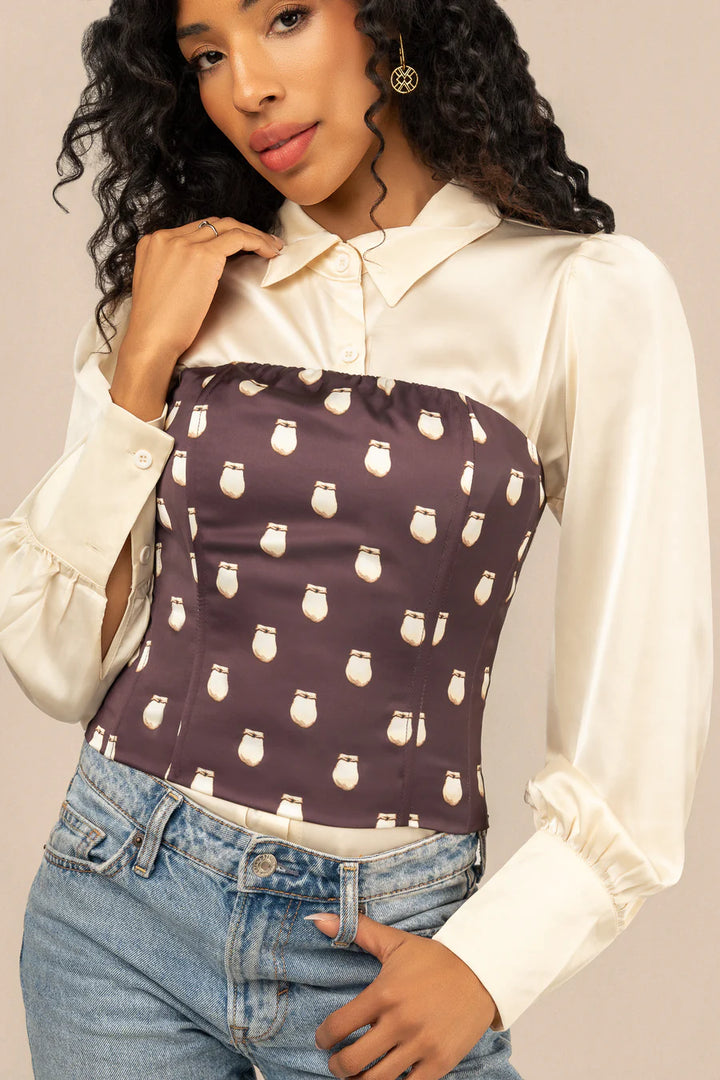 B. YELLOWTAIL Elk Ivory Satin Corset Top- Fig