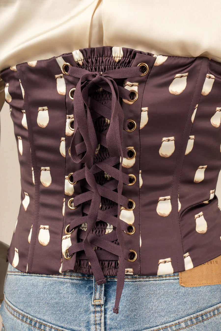 B. YELLOWTAIL Elk Ivory Satin Corset Top- Fig