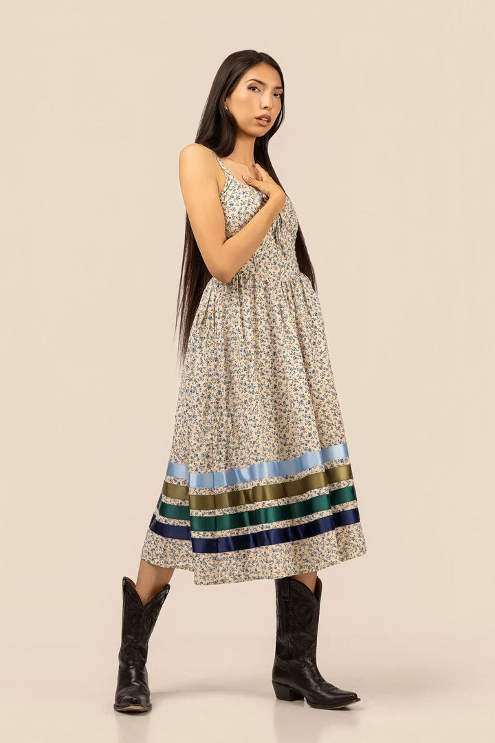 B. YELLOWTAIL Corset Midi Ribbon Dress- Blue