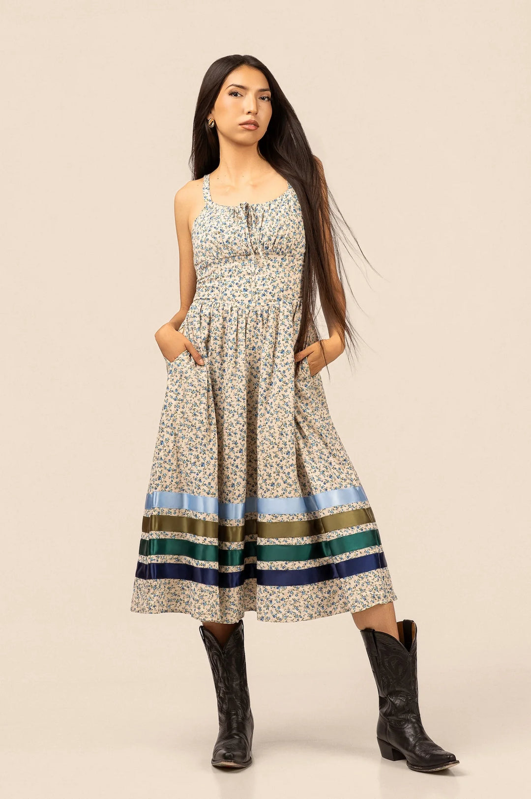 B. YELLOWTAIL Corset Midi Ribbon Dress- Blue