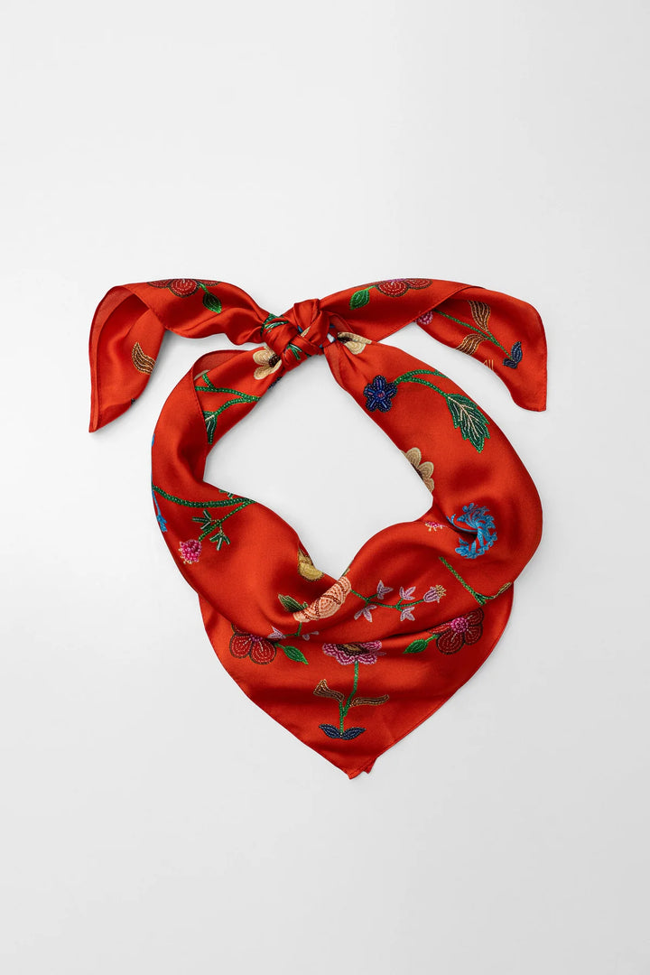 B.YELLOWTAIL Red Beaded Floral Silk Scarf