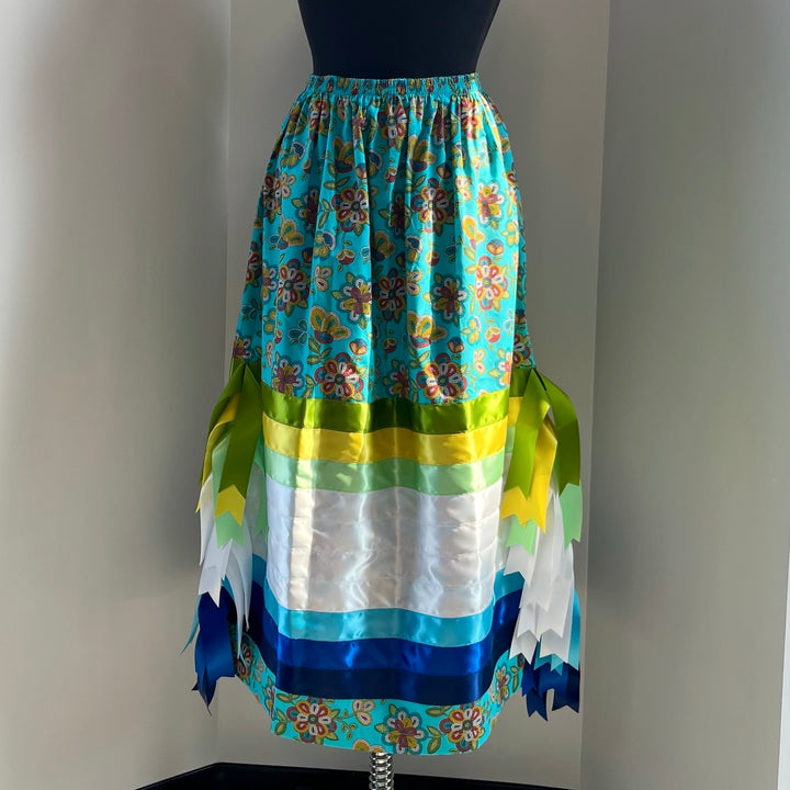 Margaret R. Blue Beaded Floral Pattern Ribbon Skirt