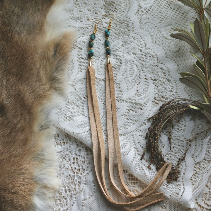 Prairie Sage Beadwork Turquoise & Deerhide Tassel Earrings