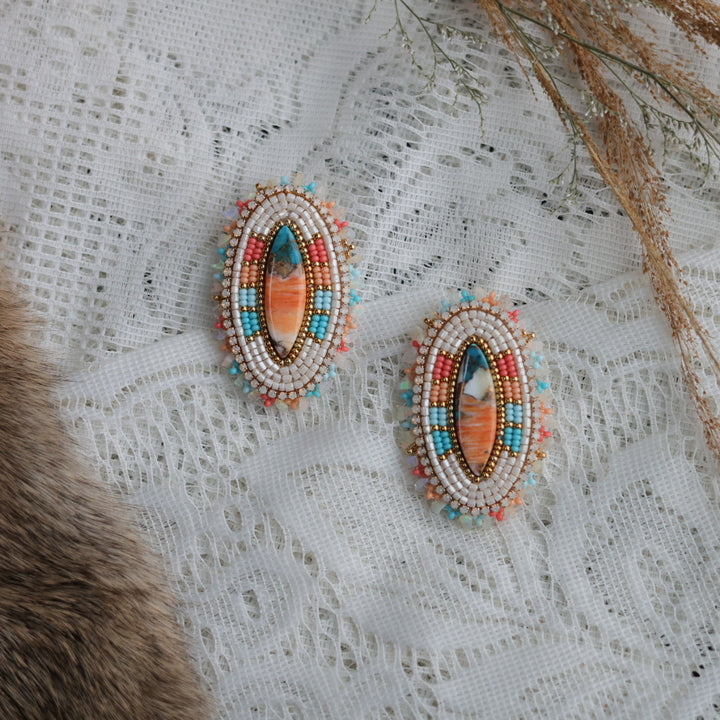Prairie Sage Beadwork Spiny Oyster Turquoise Beaded Earrings