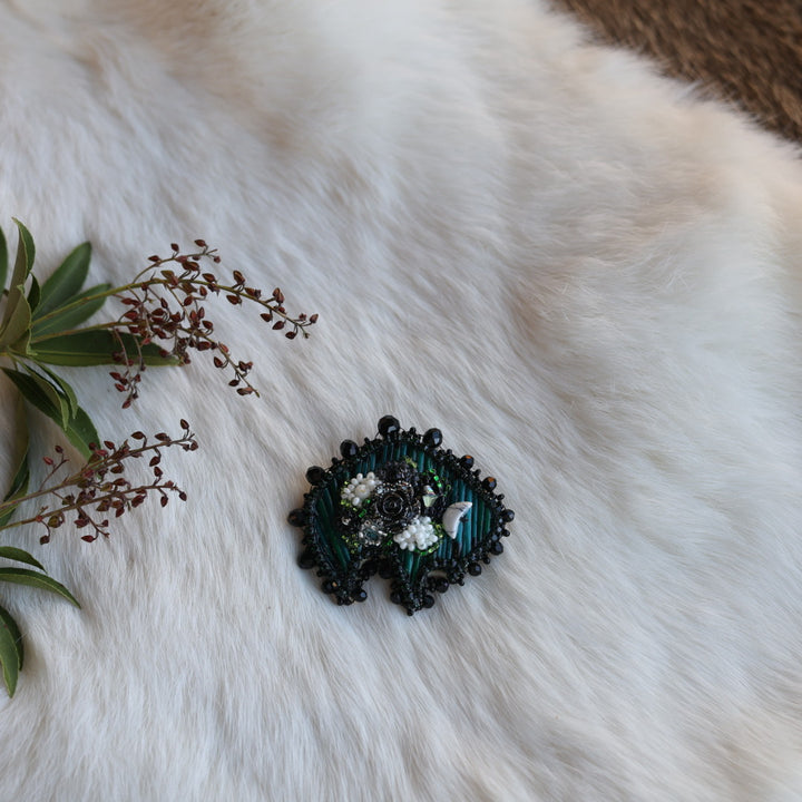 Mercedes G. Teal Quill & Floral Beaded Bison Brooch