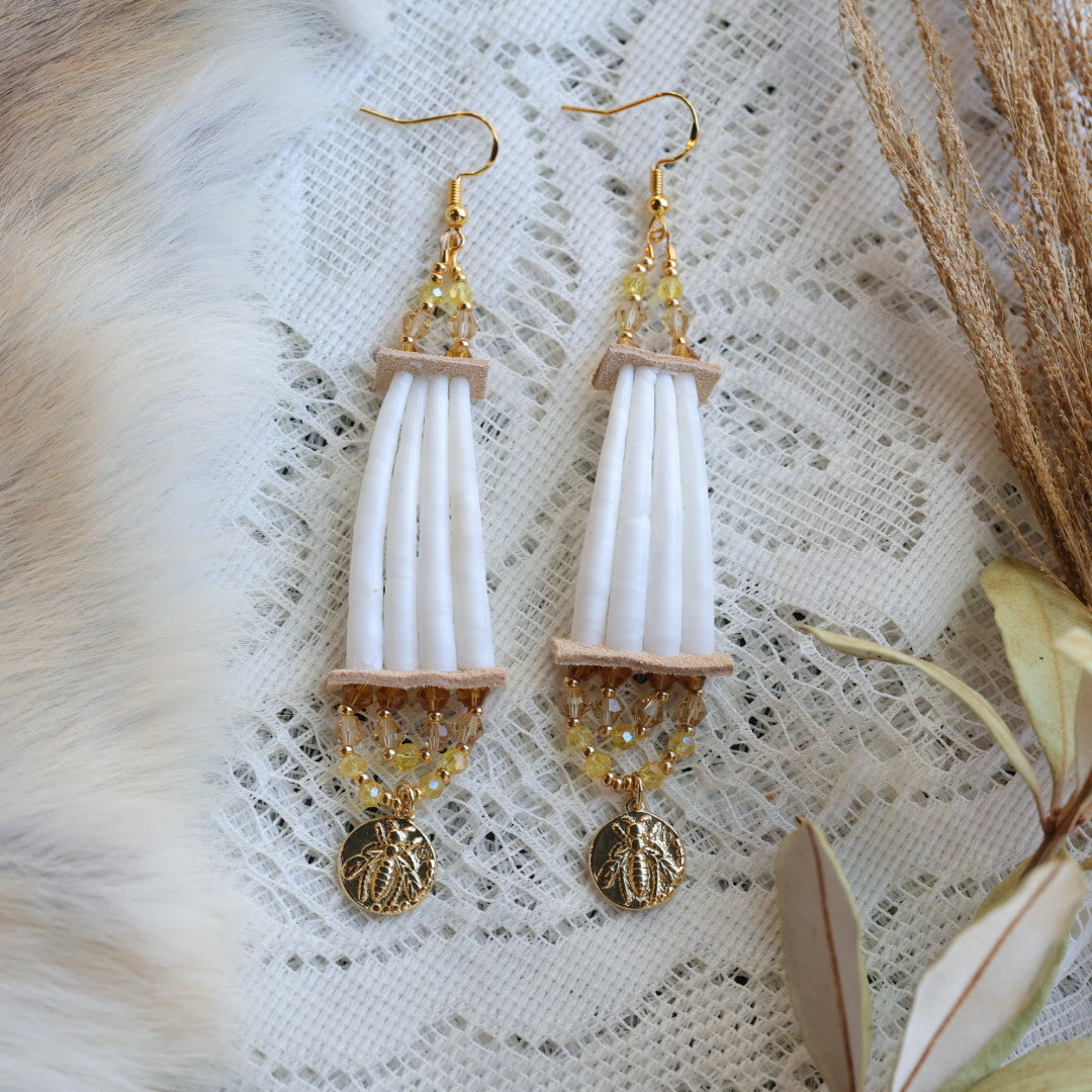 Prairie Sage Beadwork Dentalium & Gold Drop Earrings