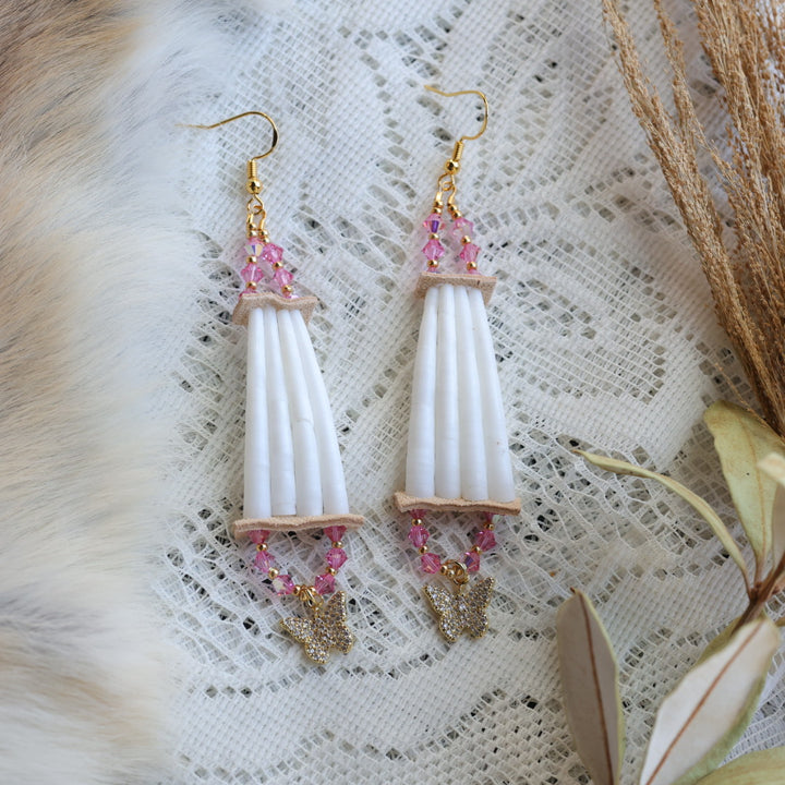 Prairie Sage Beadwork Dentalium & Dark Pink Drop Earring