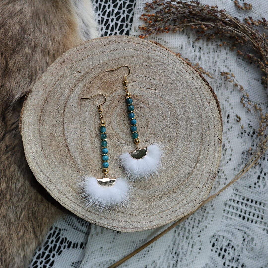 Prairie Sage Beadwork Round Apatite &amp; Mink Fur Drop Earrings