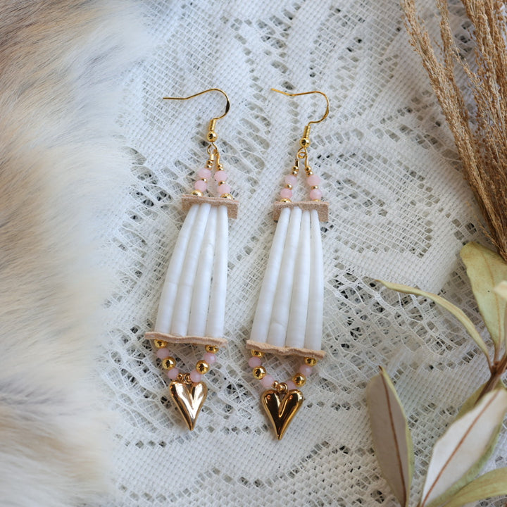 Prairie Sage Beadwork Dentalium & Light Pink Drop Earrings