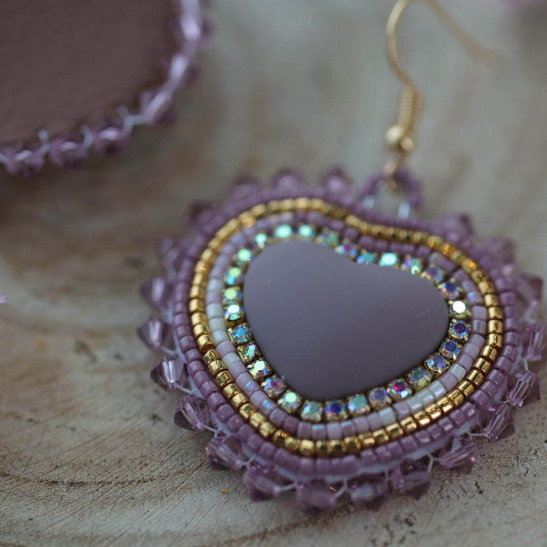 Sweetgrass Woman Creations Mauve & Gold Heart Beaded Earrings