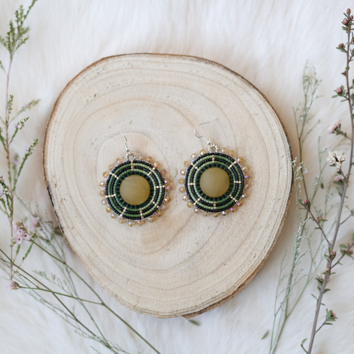 Sweetgrass Woman Creations Champagne & Green Beaded Earrings
