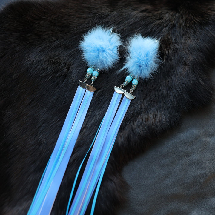 Helen Oro Designs Blue Rabbit Fur & Ribbon Earrings
